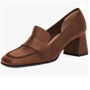 wo wagas Brown Pumps Block Mid Heels Dressy Loafers Square Toe Slip On Shoes